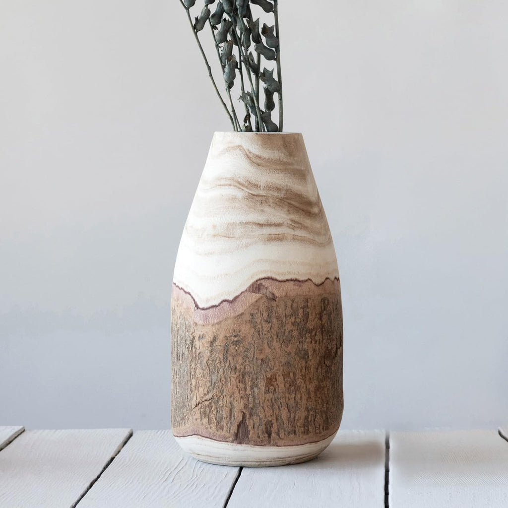 Creative Co-Op 13" H Carved Paulownia Wood Vase with Live Edge (Each one Will Vary)