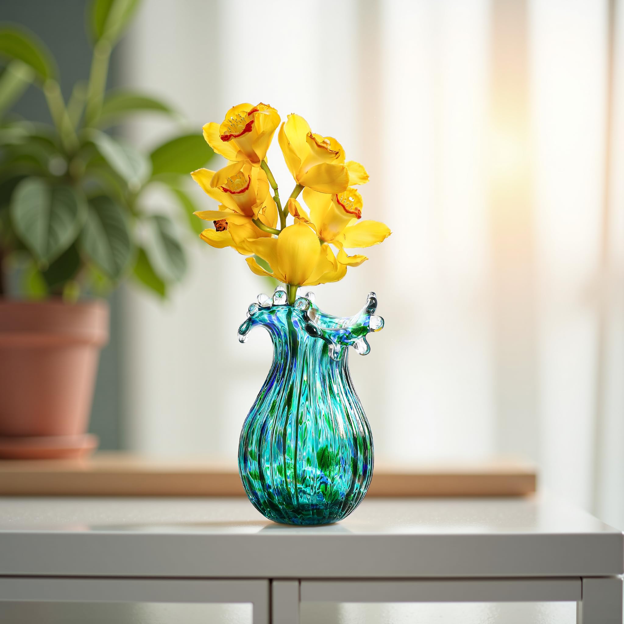 Green Glass Bubble Vase for Flowers, 8.5" Blown Glass Vase for Home Decor