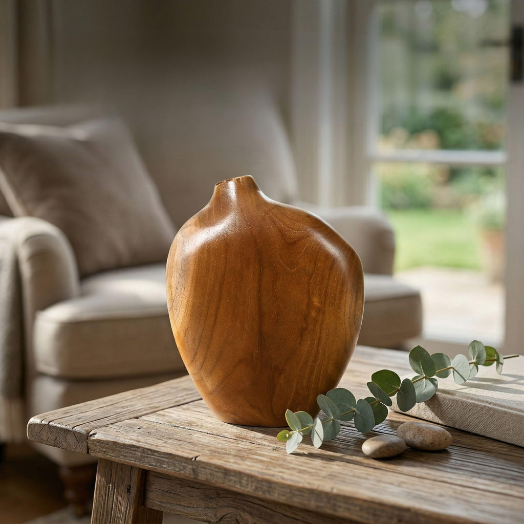 JOLLYMER Solid Teak Wood Decorative Vase