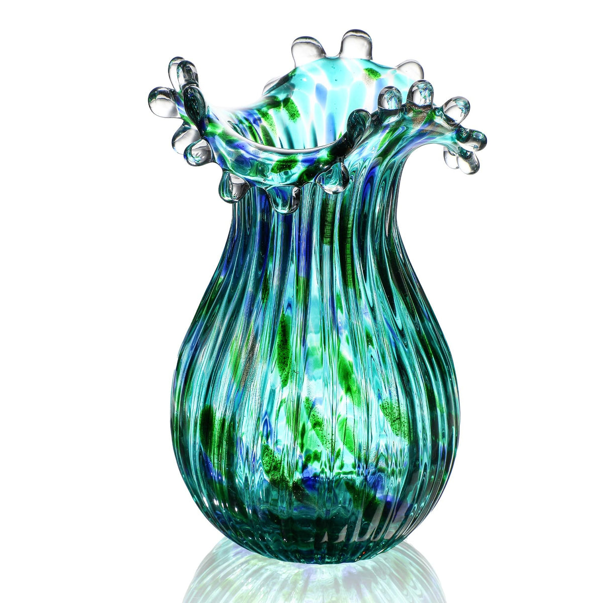 Green Glass Bubble Vase for Flowers, 8.5" Blown Glass Vase for Home Decor