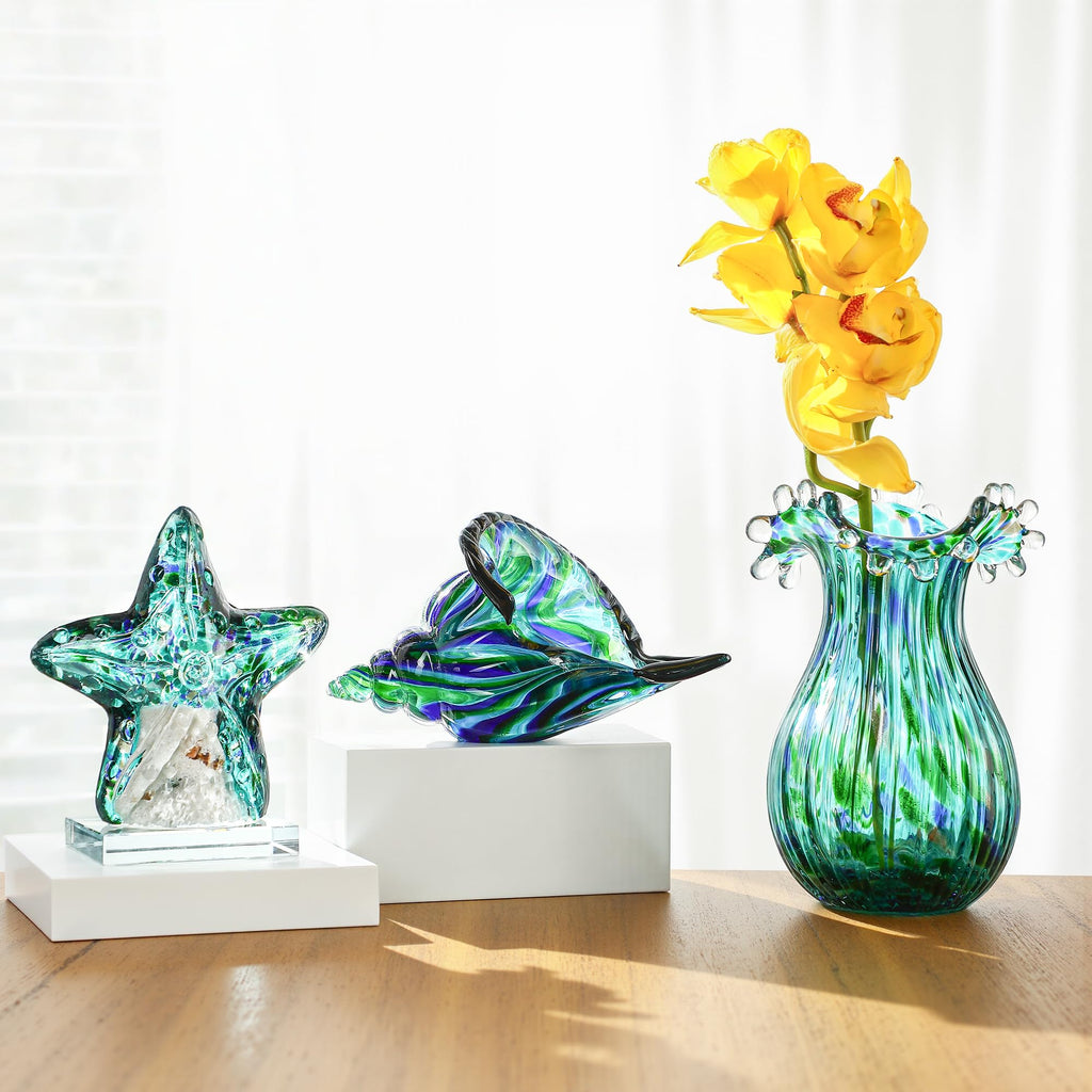 Green Glass Bubble Vase for Flowers, 8.5" Blown Glass Vase for Home Decor