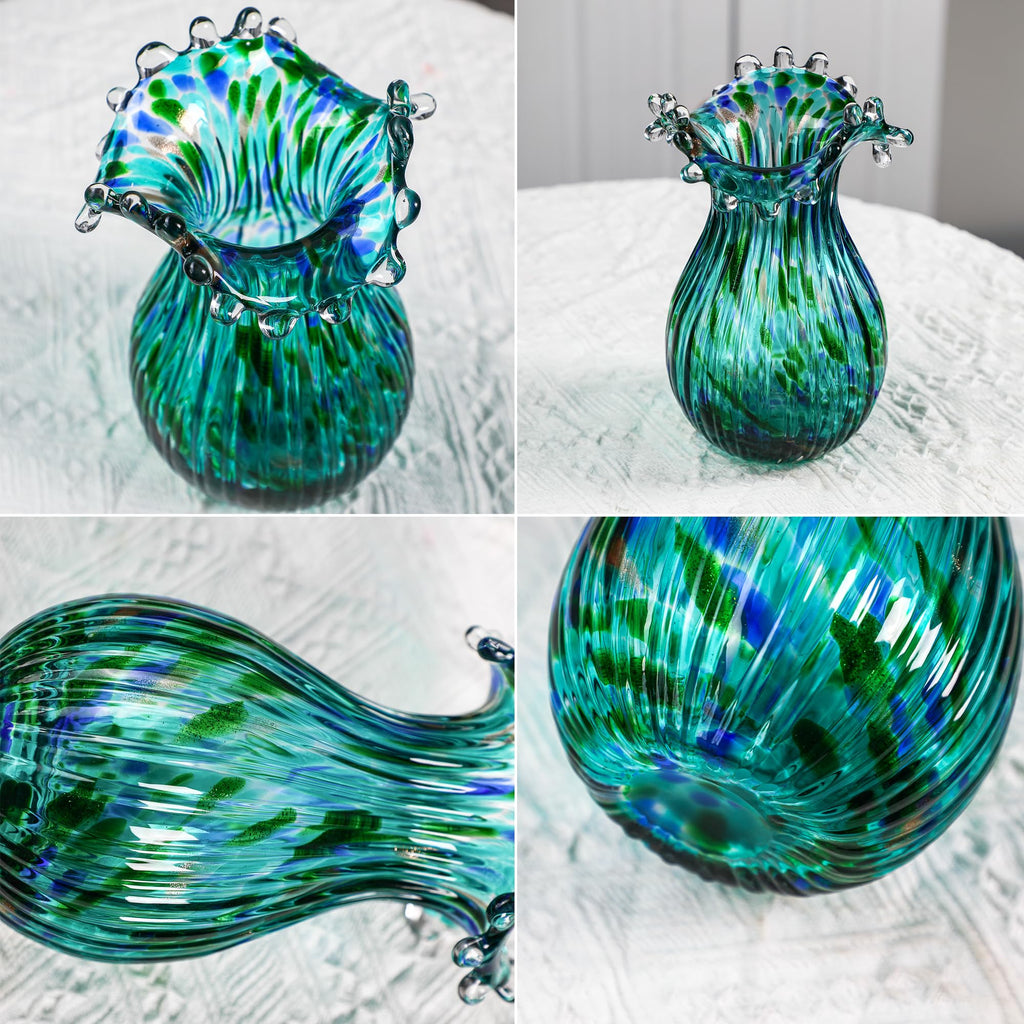 Green Glass Bubble Vase for Flowers, 8.5" Blown Glass Vase for Home Decor