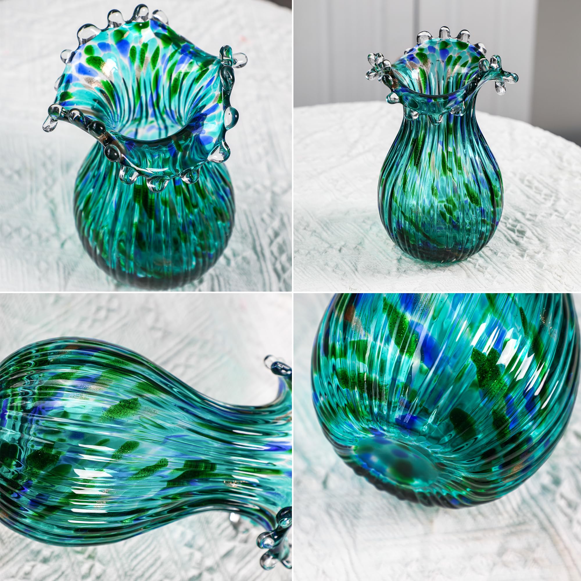 Green Glass Bubble Vase for Flowers, 8.5" Blown Glass Vase for Home Decor