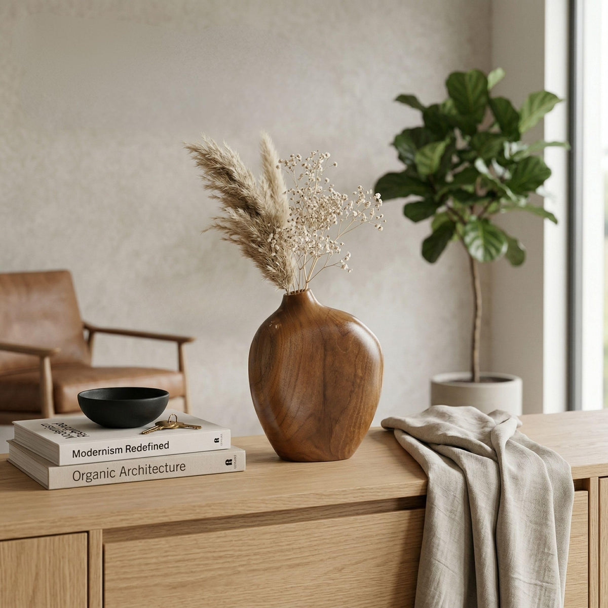 JOLLYMER Solid Teak Wood Decorative Vase