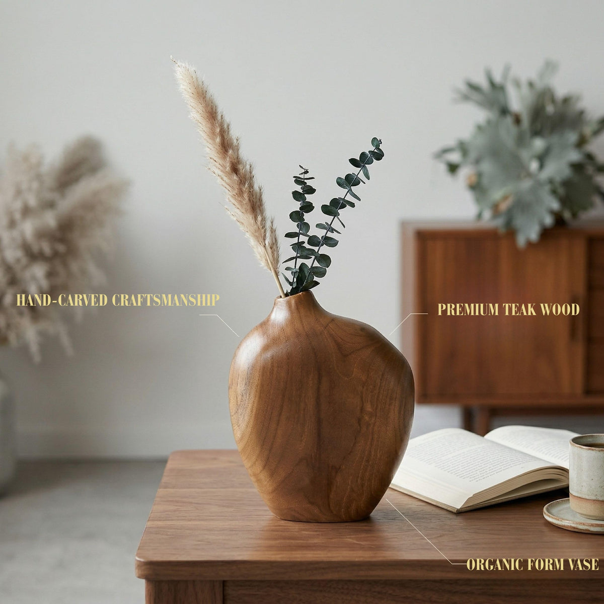 JOLLYMER Solid Teak Wood Decorative Vase