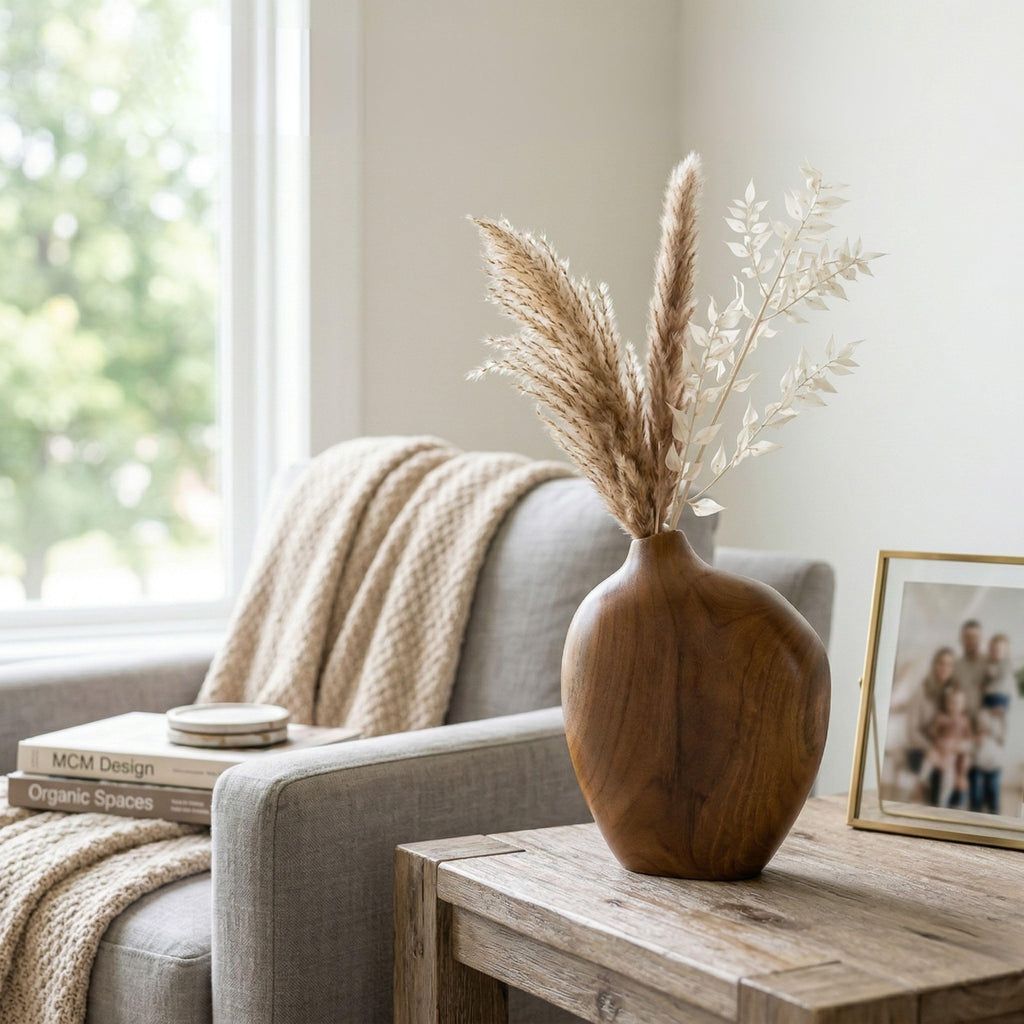JOLLYMER Solid Teak Wood Decorative Vase