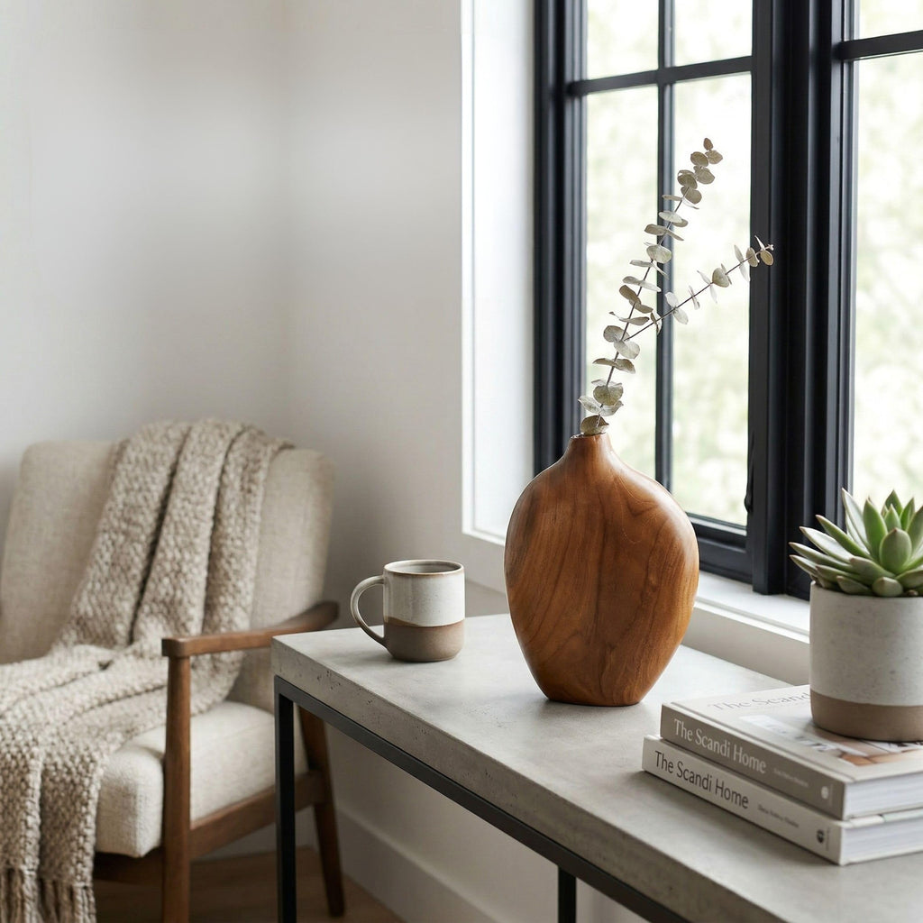 JOLLYMER Solid Teak Wood Decorative Vase