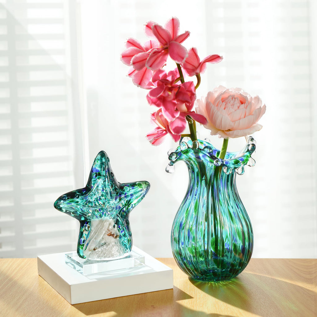 Green Glass Bubble Vase for Flowers, 8.5" Blown Glass Vase for Home Decor