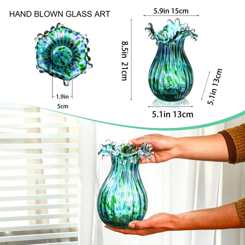Green Glass Bubble Vase for Flowers, 8.5" Blown Glass Vase for Home Decor