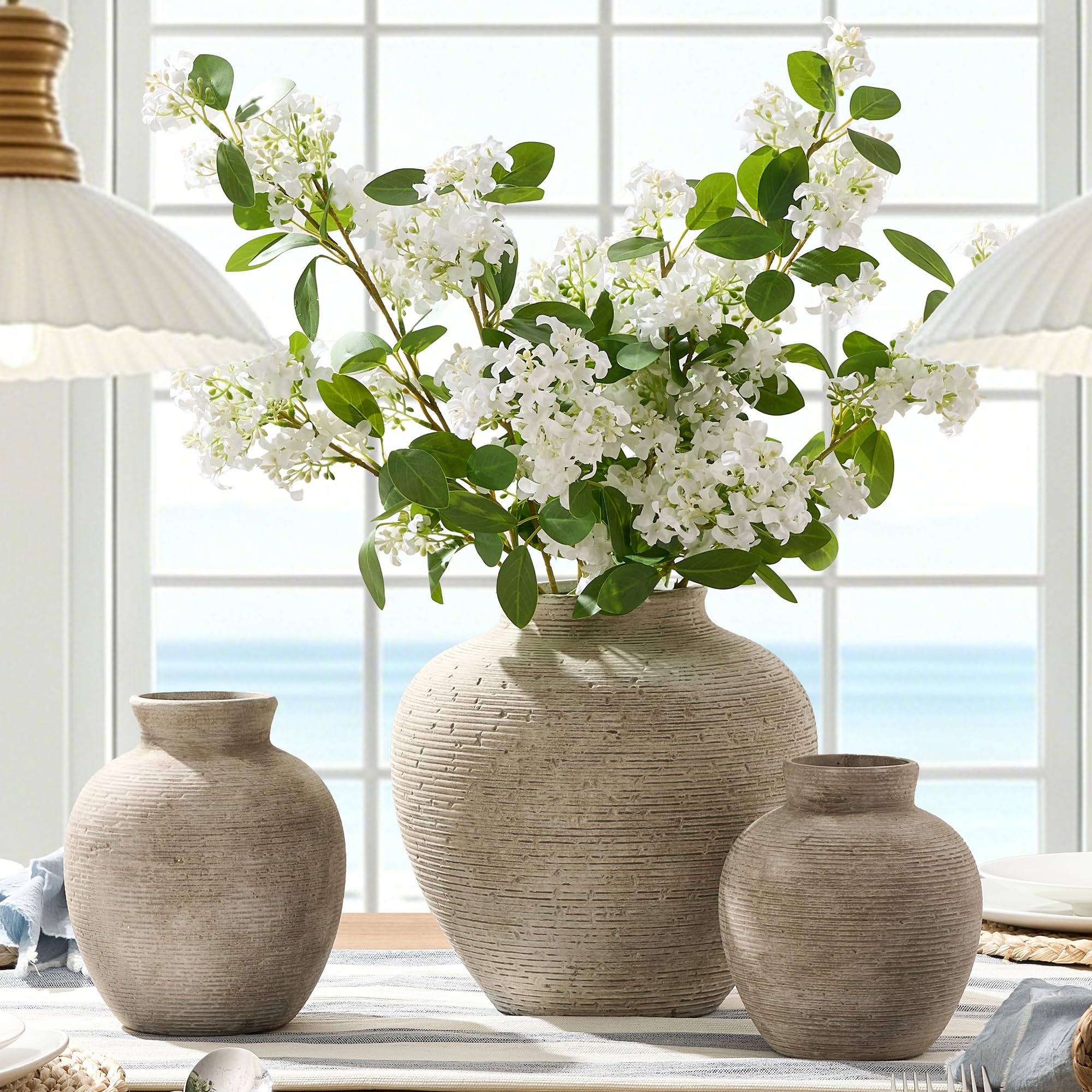 Vanselia Ceramic Flower Vase Home Decor - Farmhouse Table Vases Rustic Vintage Living Room Kitchen Bedroom Decorations for House Book Shelf Office Coffee Desk Dining Fireplace (7.4" Retro)