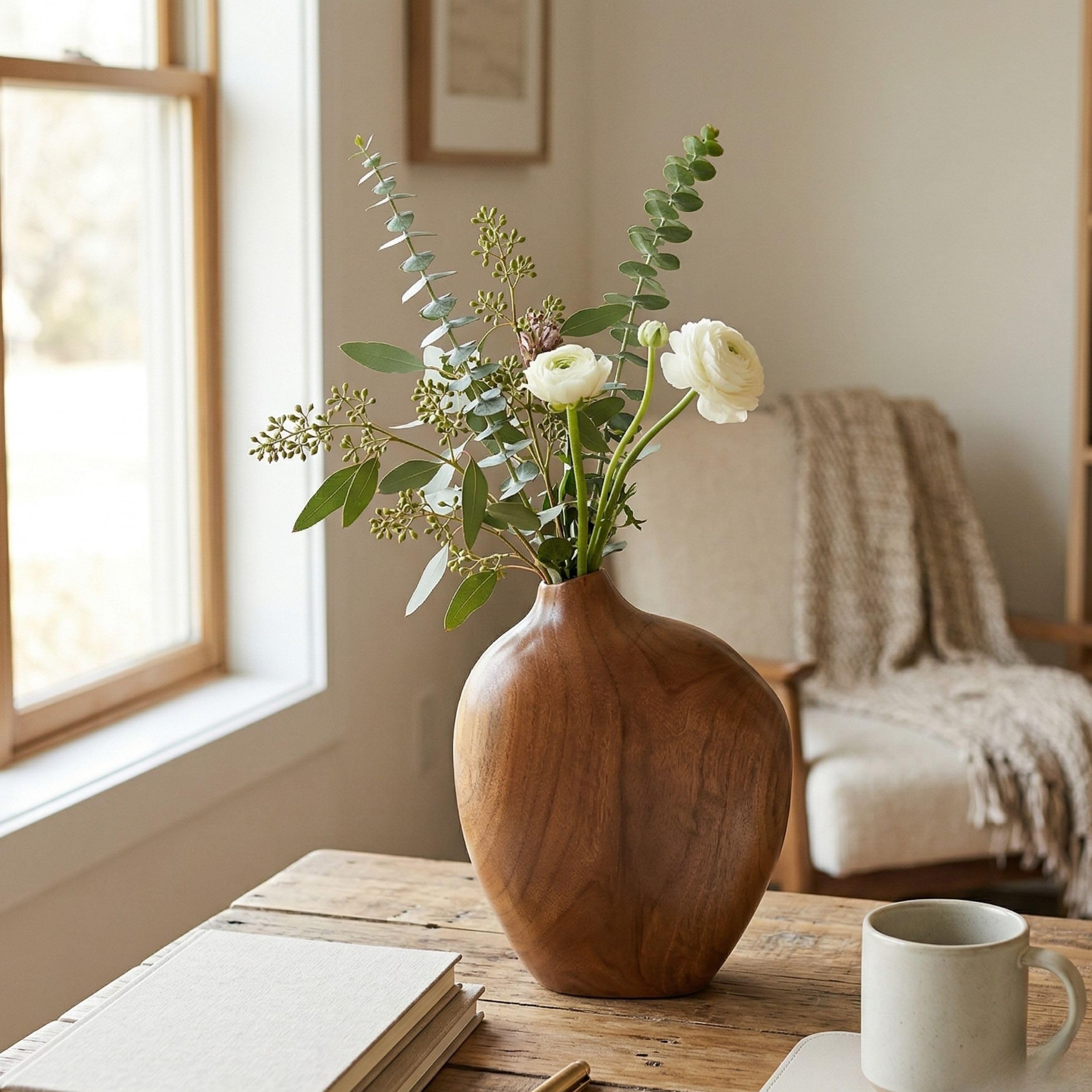 JOLLYMER Solid Teak Wood Decorative Vase
