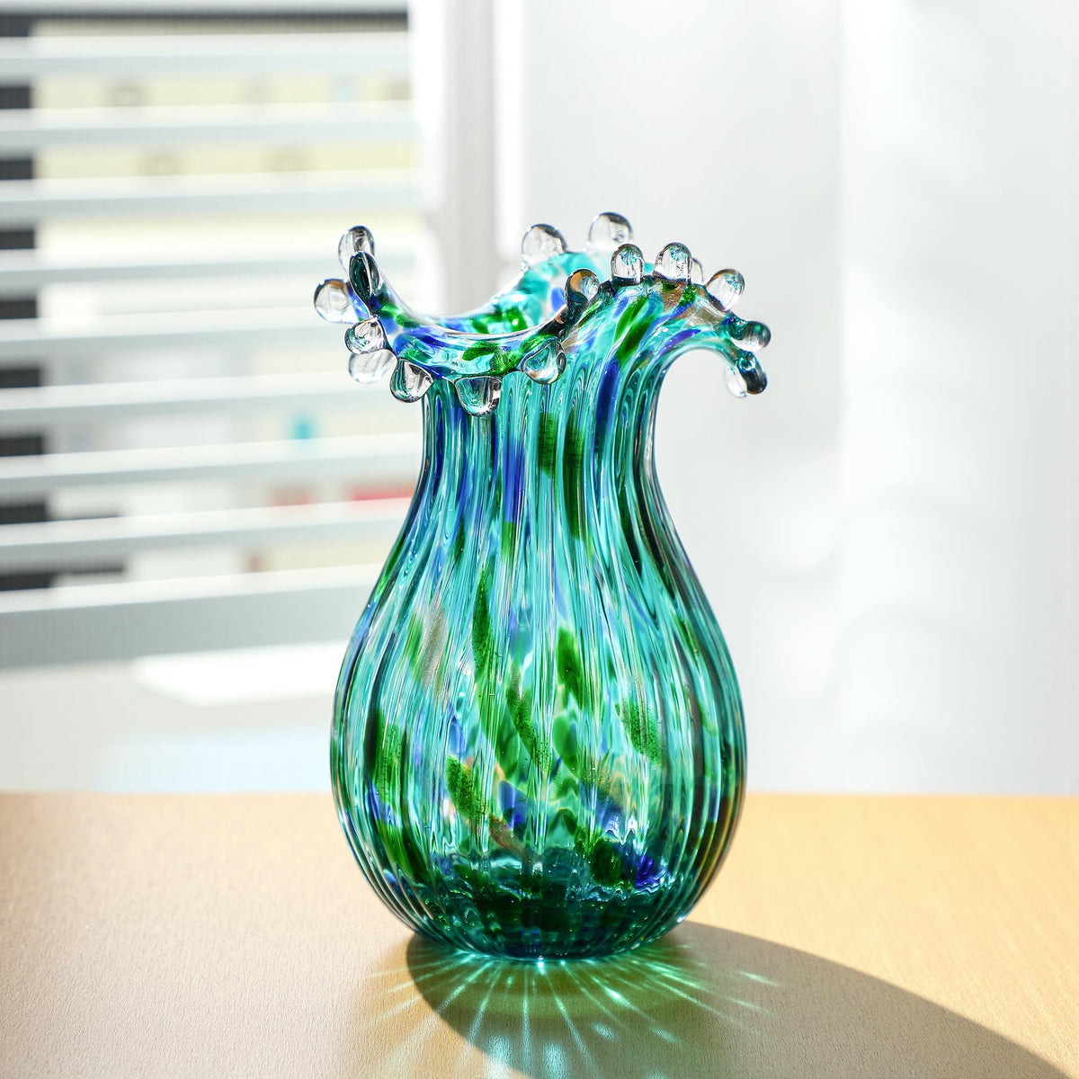 Green Glass Bubble Vase for Flowers, 8.5" Blown Glass Vase for Home Decor