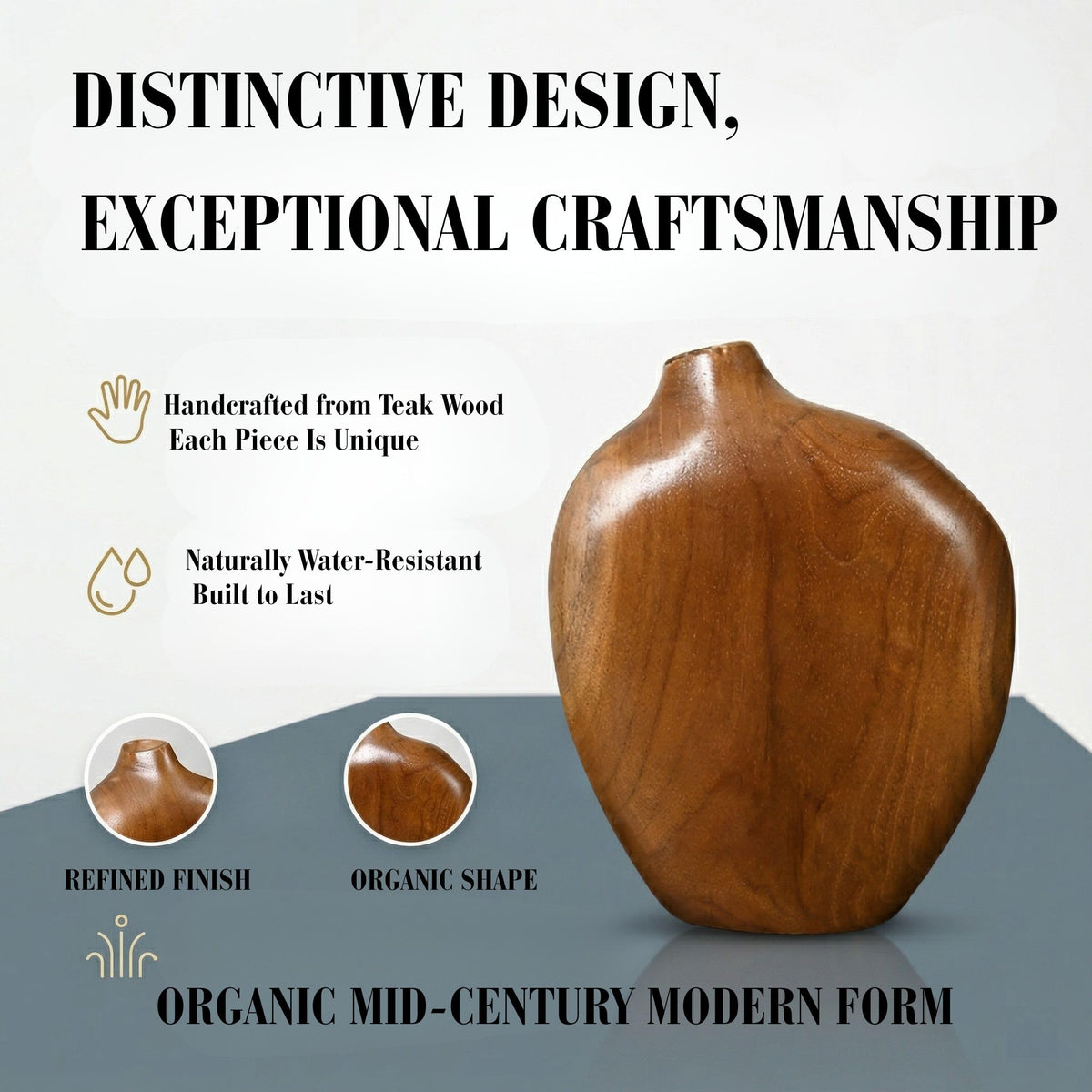 JOLLYMER Solid Teak Wood Decorative Vase